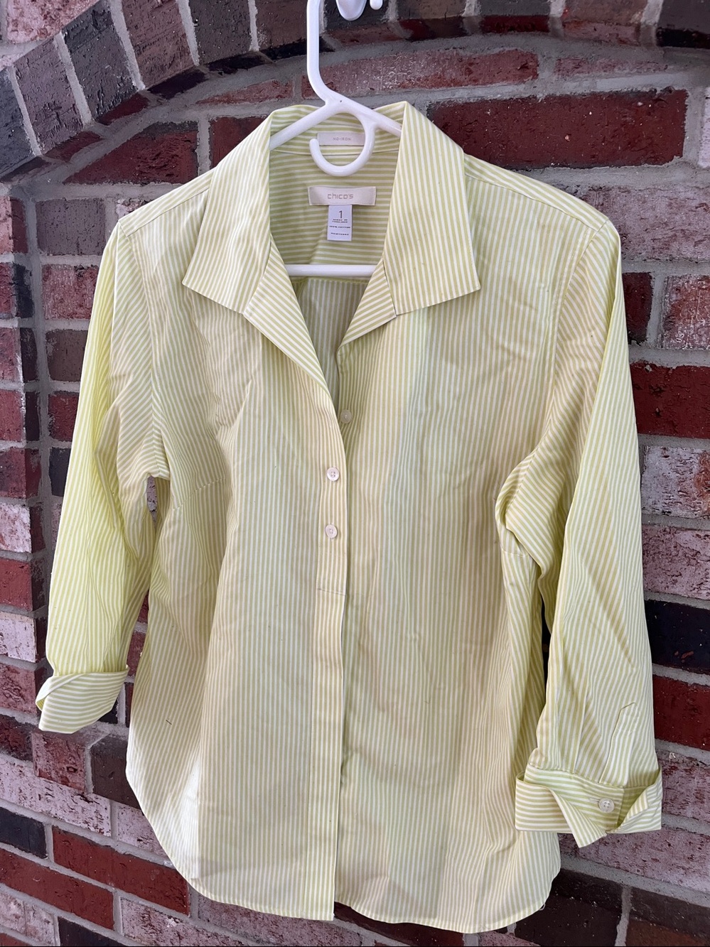 CHICOS No Iron White & Lime Green Stretch Striped Button Up Shirt 8 NWOT - Picture 4 of 11
